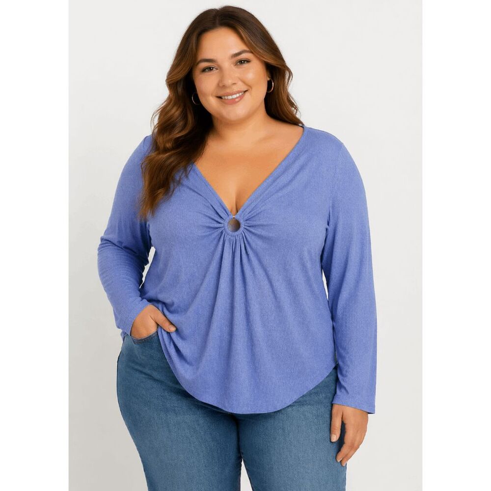 ELLA Rafaella Women's Plus Size O-Ring Ribbed V-neck Long Sleeve Top 1X